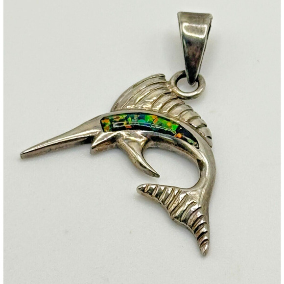 Vintage Sterling Silver Sailfish .925 Pendant Charm With Opal Stone 4.11 G - Picture 2 of 5